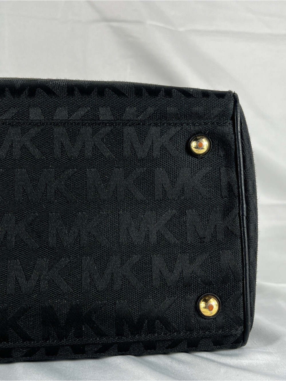 Michael Kors Black MK Signature Jacquard Satchel Bowler Bag Leather Trim Large - Picture 15 of 16